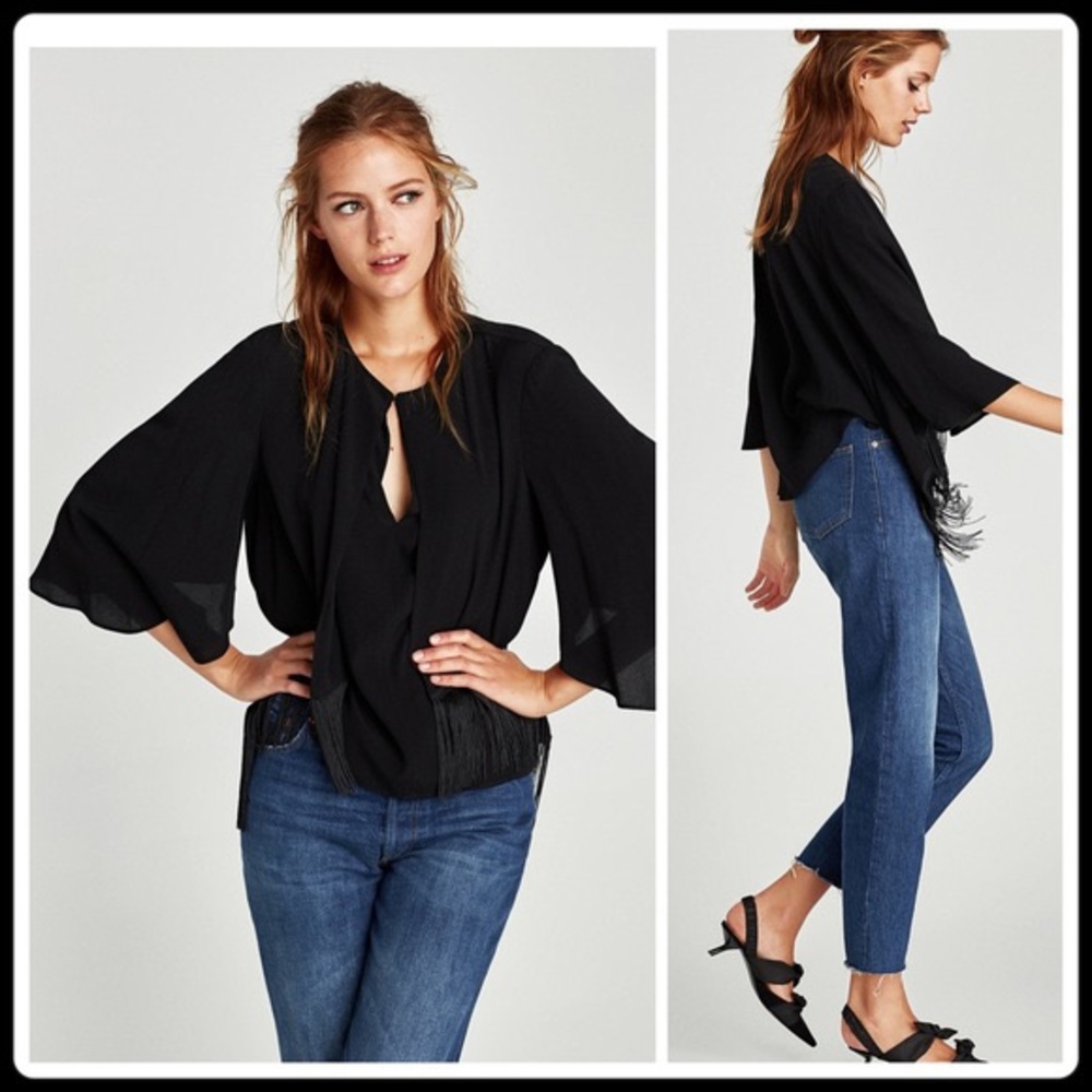 Zara cape fringe top in black